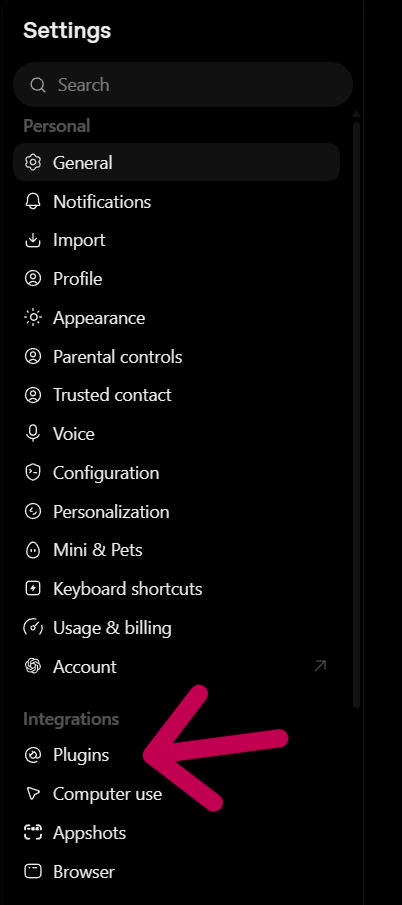 The Settings list with Plugins highlighted under Integrations