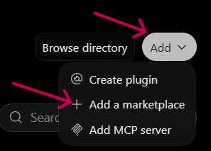 The Add menu with Add a marketplace highlighted