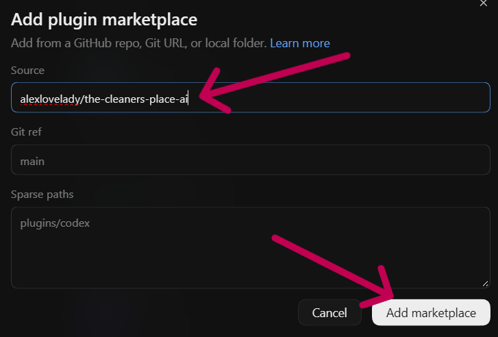 The Add plugin marketplace window with the address in the Source box