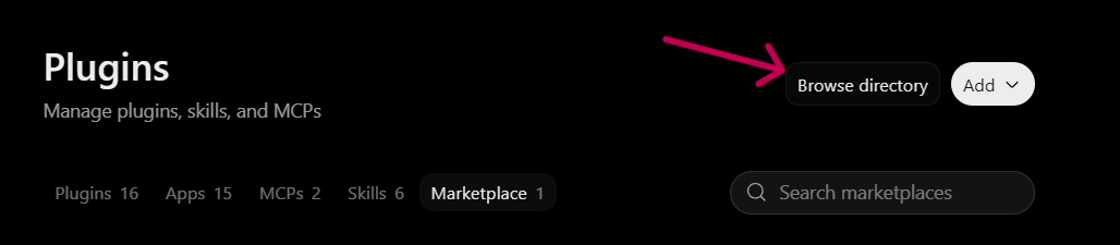 The Plugins page with Browse directory highlighted