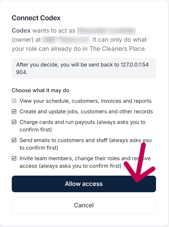The Connect Codex window with Allow access highlighted