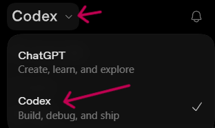 The ChatGPT desktop app menu with Codex highlighted