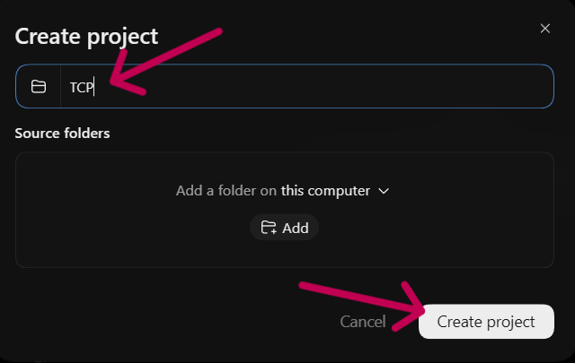 The Create project window with the name box and Create project highlighted