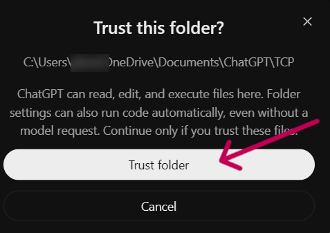 The Trust this folder window with Trust folder highlighted